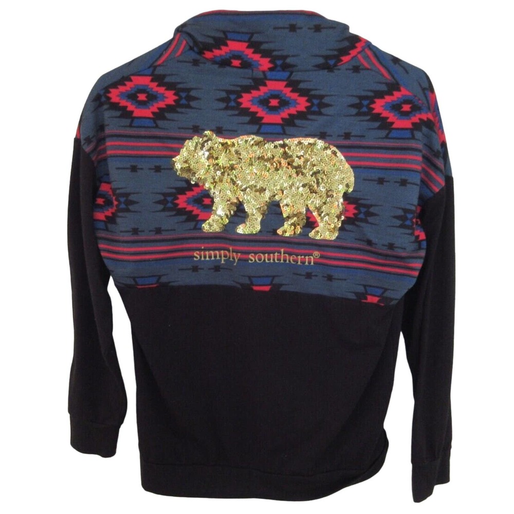 Simply Southern Pullover Lightweight Black Astec 3/4 Zipper Sequin Gold Bear W/M